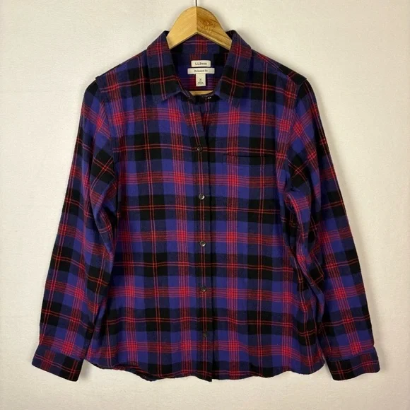 L.L. Bean Purple Red Plaid Flannel Button Down Shirt - Picture 1 of 7